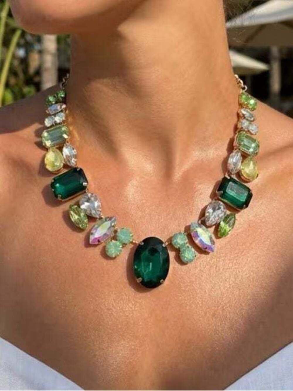 Luxury Emerald Green Crystal Statement Necklace Mixed Cut Collage Collar Gold